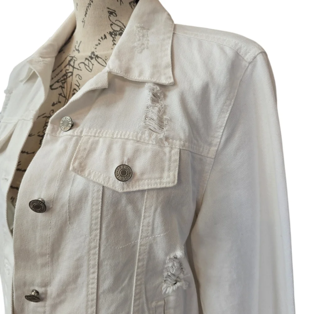 Love Tree Distressed White Denim Jean Jacket L - Picture 5 of 8